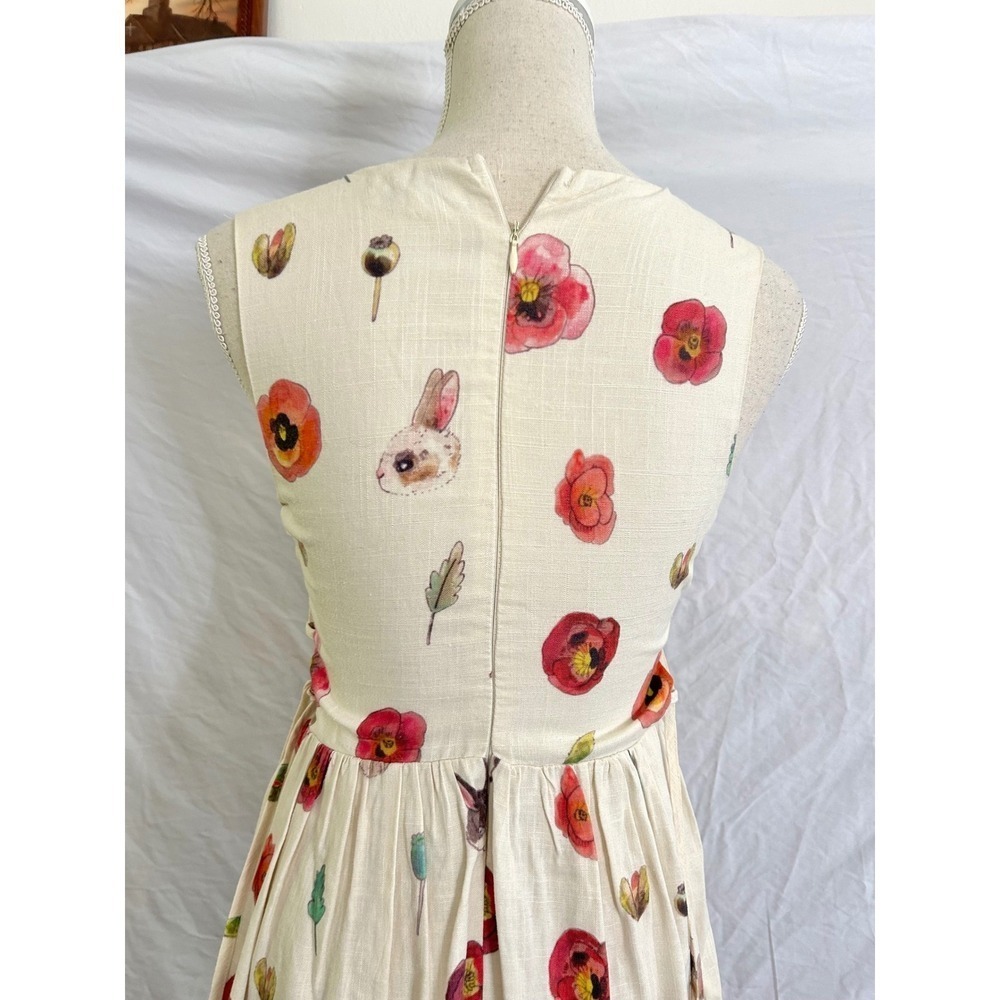 Pepaloves Midi Dress Womens XS Cream Poppy Bunny Linen Blend Lace Up Side XS - Picture 5 of 8